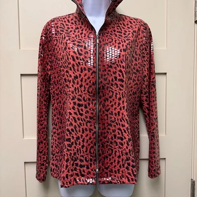 MISOOK Pink Black Square Pailette Sequin Cheetah Print Full Zip Jacket Size S - Image 1 of 4