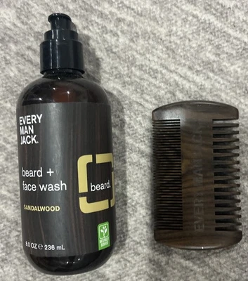 EVERY MAN JACK Sandalwood Beard + Face Wash 8oz BONUS SIZE with Comb VEGAN - Image 1 of 4