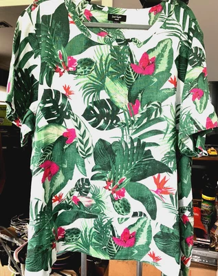 NUEVO SIN ETIQUETAS 3X BLUSA TOP LORD & TAYLOR LINO HOJAS VERDES TROPICALES Y FLORES #J340 Foto 1 de 4