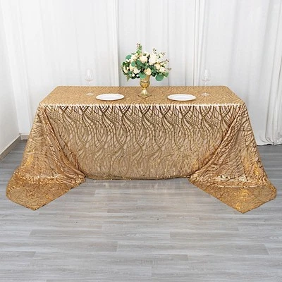 90x156 in GOLD Wavy Sequined Mesh Rectangle TABLECLOTH Party Events Decorations - Image 1 of 4