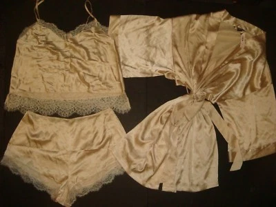 Victoria's Secret TANK cami+SHORTS+KIMONO bata SATINADO amarillo DORADO beige encaje Foto 1 de 4