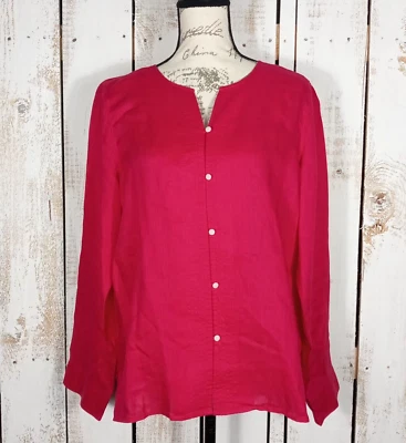 亚麻 Liz Claiborne 上衣 L 码女式衬衫珍珠纽扣沿海时尚 Lagenlook — 第 1/4 张图片