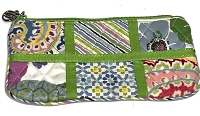 Vera Bradley Patchwork Verde Cosmético Satén Acolchado Maquillaje Cremallera Bolsa Bolso 7x4 Foto 1 de 4