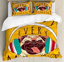 Pug Duvet Cover Set with Pillow Shams Happy Dog Listening Music Print
