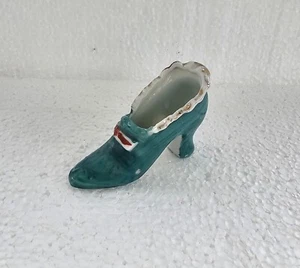 Vintage Porcelain Victorian Tiny Shoe Figurine Teal Green with Red Bow Japan - Picture 1 of 10
