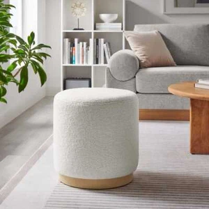 Tilden 16 in. Ivory Natural Sherpa Upholstered Round Ottoman - Picture 1 of 6