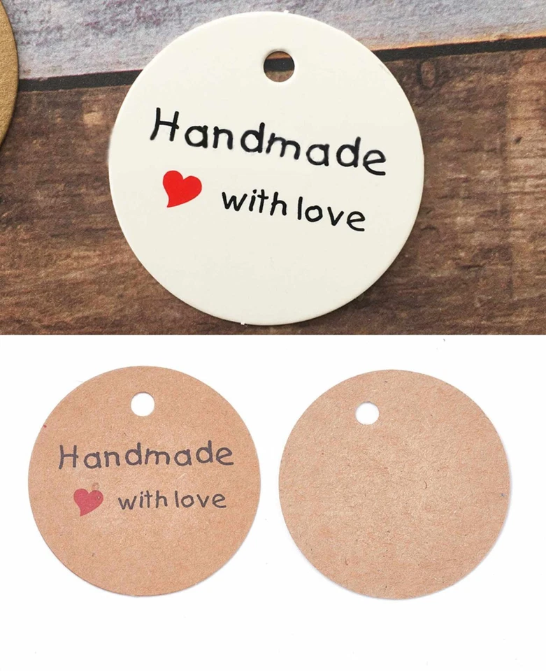 MARKENLOS 10 - 200 Preisschilder Rund Etiketten Handmade with Love Handgemacht Weiß/Braun