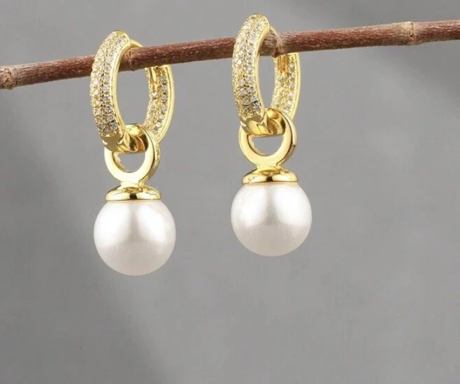 New 💞Gorgeous Gold Plated Classic Rhinestone Dangle Pearl Huggie Hoop Earrings - image 1 of 4