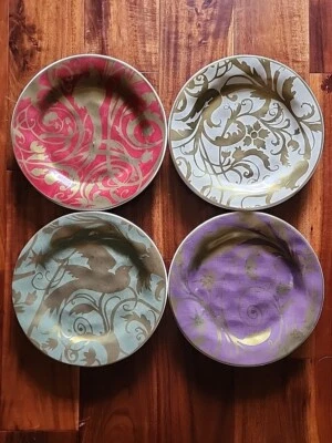 Set of 4 Pottery Barn Stoneware Jewel Plates 9" Holiday Gold Florentine Birds Foto 1 de 4
