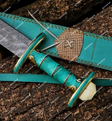 DOLLAR SAVING SHOP Fully Hand Forged Damascus Steel Medieval / Viking Sword With Leather Sheath.