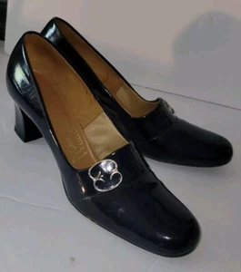 MISS WONDERFUL navy Blue Patent Silver Buckle Heels. 8.5AA Vintage 60s 70s - Picture 1 of 9