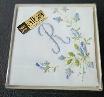 SWISS MADE ALBA EMBROIDED MONOGRAMMED HANDKERCHIEF. R BORDERED BY BLUE FLOWERS - Image 1 of 4
