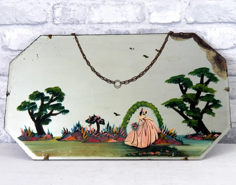 Vintage Art Deco 1930s Frameless Mirror Antique Painted Crinoline Lady Beveled A Cover