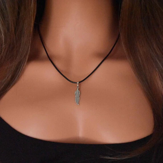 Collana con PIUMA Argento ciondolo Corda Nera no caucciù Girocollo da Uomo Donna - Immagine 1 di 4