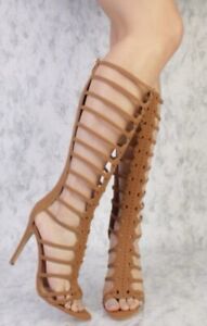 Gladiator Tan Open Toe Mid Calf Sandals with Stiletto Heels Womens size 8.5