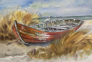 Original Pamela Wilhelm 5x7” Watercolor Dune Seascape Red Wooden Boat & Egret - Picture 1 of 2