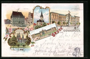 Lithographie Osnabrück, Justizgebäude u. Krieger-Denkmal, Bahnhof, Catharinen-K  - Picture 1 of 2