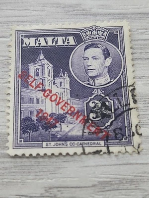 Malta 1953 KGVI 3p Violet Scott #239 St. John's Cathedral Used Cancelled - Image 1 of 2