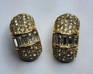 VINTAGE CHRISTIAN DIOR  PAVE RHINESTONE EARRINGS- CLIP ON GOLD TONE - Picture 1 of 5