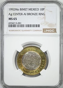 1992 Mo Mexico 10P Nuevo Pesos Bimetallic Ag Center-AI Bronze Ring NGC MS65 - Picture 1 of 5
