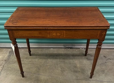 Antique 19th c English Sheraton Inlaid Wood Flip Top Card Game Accent Side Table - Image 1 of 4