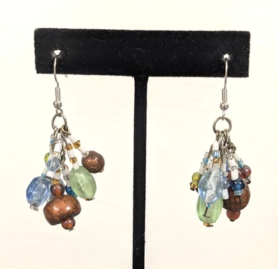 Beachy Boho Coastal Blue Green Glass Wood Cluster Charm Earrings Dangle - Image 1 of 4