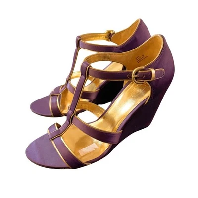 Sandalias de cuña Coach Trixy púrpura satinado talla 8 invitada de boda formal dinero antiguo Foto 1 de 4