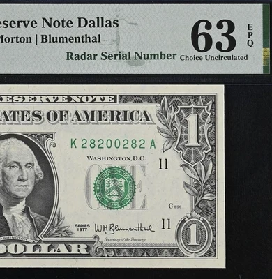 1977 $1 Federal Reserve Note PMG 63EPQ - Fancy Radar Serial Number 28200282 - Image 1 of 3