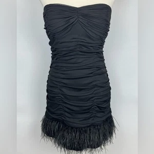 Guess Strapless Bodycon Mini Dress Black Ruched Feather Hem Size 6 Going Out - Picture 1 of 8