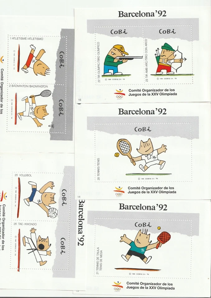 5 Hoja Bloque Sellos Cobi Juegos Olímpicos Barcelona 1992 España varios Deportes - Imagen 1 de 1