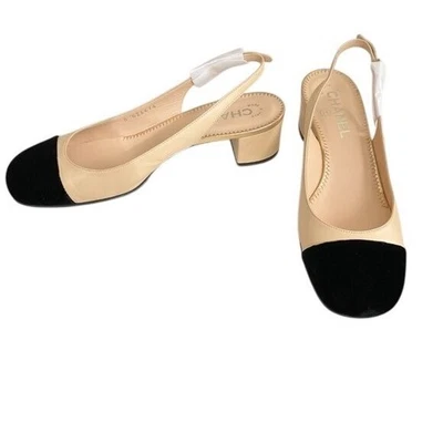 CHANEL Interlocking TWO tone beige Leather Slingback Pumps heels SZ37.5 US7 - Image 1 of 4