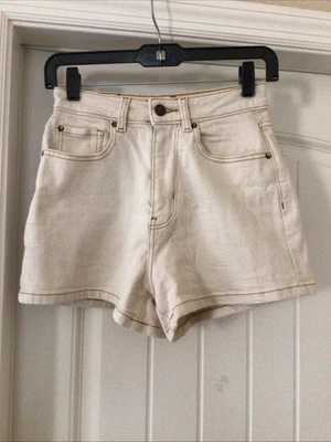 Roxy Women’s High Rise Shorts, Off White /Ivory,Waist 24 Inches.5 Pockets.Denim. - Image 1 of 4