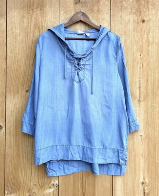 Chico’s Zenergy Blue Chambray Hoodie Popover Sz 2, Large - Image 1 of 4