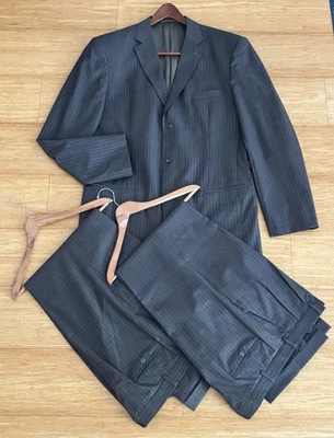 CUTSOM Bespoke 48 L/XL Long Gray 3 PC Pinstripe Wool Pleated Front SUIT 2 Pants! - Image 1 of 4