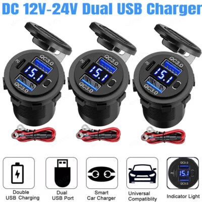 12V-24V PD + QC3.0 Dual USB Car Fast Charger Power Socket Outlet LED Voltmeter - Image 1 of 4