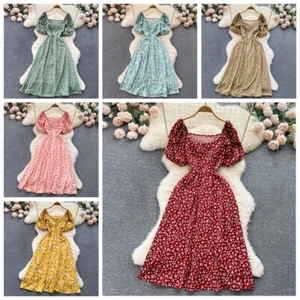Women Square Neck Floral Print Long Dress Puff Sleeve Flowy A-line Beach New - Picture 1 of 21