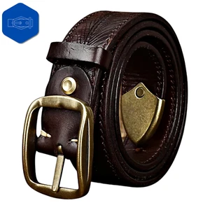 GENUINE LEATHER Textured Leaf Pattern Waist Mens Luxury Dark Brown Thick Belt - Foto 1 di 5