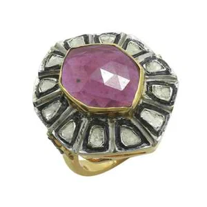 Natural Ruby Ring Polki Diamond Ring Statement Ring 925 Silver Ring - Picture 1 of 3