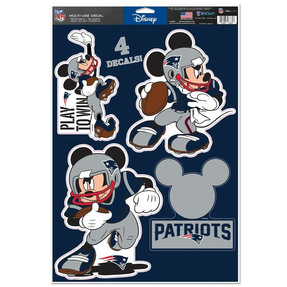 NEW ENGLAND PATRIOTS PLAY TO MICKEY MOUSE MULTI USE REMOVABLE REUSABLE 4 DECALS - Image 1 of 1