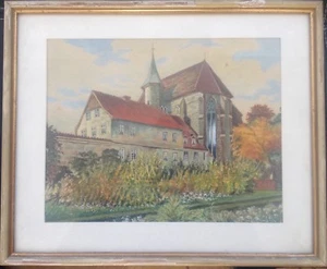 ::AQUARELL GOTISCHE KIRCHE ABER WO ?? WER KENNT DEN ORT ?? ANTIK FEINE MALEREI - Bild 1 von 5