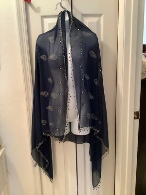 Cachecol Sarong feminino envoltório semi transparente azul marinho prata contas de glitter Índia 61 x 37 - Imagem 1 de 4