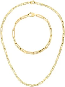 Floreo 14k Yellow Gold 4.2mm Hollow Paperclip Link Chain Necklace & Bracelet Set - Picture 1 of 6