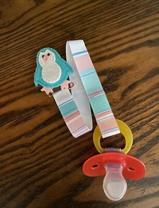 PENGUIN Ribbon Pacifier holder clip strap, binky, paci leash-Handmade-Free Ship - Picture 1 of 2