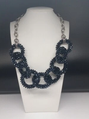 Talbots Silver Tone Chain Midnight Blue Crystals Round Links Design Necklace - Image 1 of 4