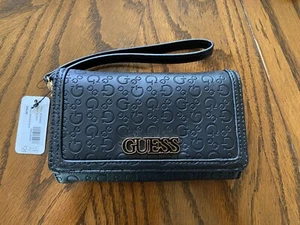 GUESS Women's Logo Snap Closure Wristlet  Wallet 6.5" x 4" Black Embossed Logo - Picture 1 of 8