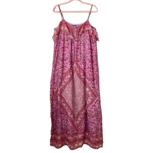 Antik Batik Dress Womens Medium Pink Maxi Geo Floral Ruffle Boho Hippie Beachy - Picture 1 of 11