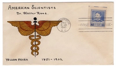 #877 Dr. Walter Reed Famous American 1940 FDC - Hand-painted - Image 1 of 2