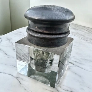 Antique Glass Inkwell Metal Monogram w Lid Square Beveled Edwardian Victorian - Picture 1 of 6