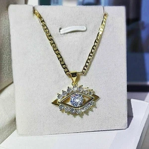 2 Ct Round Cut Real Moissanite Evil Eye Pendant Necklace 14k Yellow Gold Plated - Picture 1 of 4