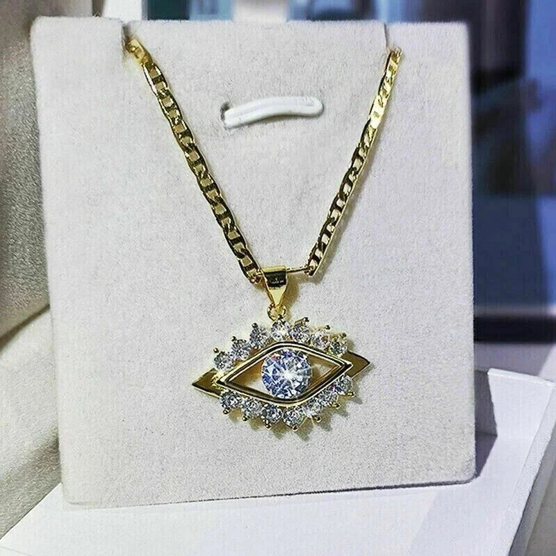 Collar Colgante Mal de Ojo Moissanita Real Corte Redondo 2 Ct Chapado en Oro Amarillo 14k Foto 1 de 4